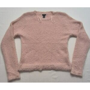 Rue 21 women's pink fuzzy tight knit pullover long sleeve sweater crew neck LG